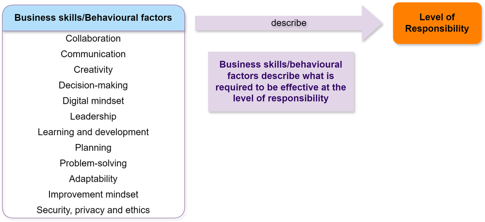 diagram of behavioural factors and business skills and levels of responsibility