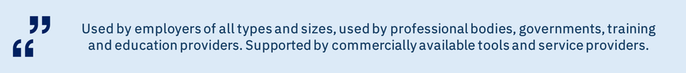 image explaining that SFIA is used by employers of all types and sizes, used by professional bodies, governments, training and education providers. Supported by commercially available tools and service providers.